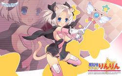 Rule 34 | 1girl, :d, ahoge, animal ears, between breasts, black dress, black panties, blue eyes, blush, bow, breasts, cape, cat ears, cat tail, checkered background, clothes between breasts, company name, copyright name, dated, detached sleeves, dress, fighting stance, from side, full body, gem, gloves, gradient background, grey panties, hair bow, happy, highres, holding, holding own arm, holding wand, holding weapon, kaede (sayappa), large breasts, logo, looking at viewer, lowleg, lucent heart, lyrical nanoha, m/, mahou shoujo lyrical nanoha, necktie, no bra, open mouth, outstretched arms, panties, parody, paw print, pink thighhighs, sayappa, short dress, short hair, sideboob, silver hair, smile, solo, spread legs, staff, star (symbol), striped clothes, striped panties, tail, thighhighs, two side up, underwear, wallpaper, wand, weapon, white gloves, zoom layer