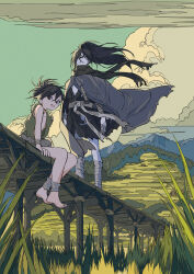 Rule 34 | 1boy, 1girl, bandages, barefoot, black eyes, black hair, cloak, cloud, cogecha, commentary request, dororo (character), dororo (tezuka), guest art, highres, hyakkimaru (dororo), japanese clothes, katana, kimono, long hair, looking at viewer, mountain, nature, open mouth, outdoors, ponytail, scarf, scenery, short hair, sitting, sky, smile, sword, weapon