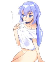 Rule 34 | 1girl, absurdres, blush, bottomless, commentary request, copyright request, food, hair between eyes, highres, holding, hot, kawasumi (tk2k jade), long hair, looking away, naked shirt, off shoulder, popsicle, purple eyes, purple hair, shirt, short sleeves, simple background, single bare shoulder, sitting, solo, sweat, white background