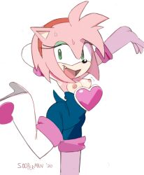 Rule 34 | 1girl, 2020, amy rose, arm behind head, arms up, artist name, black bodysuit, bodysuit, boots, breasts, breasts out, cosplay, elbow gloves, eyeliner, fang, female focus, foot out of frame, furry, furry female, gloves, green eyes, hairband, heart, hedgehog girl, hedgehog tail, high heel boots, high heels, highres, leg up, looking at viewer, makeup, open mouth, pink hair, red hairband, rouge the bat, rouge the bat (cosplay), short hair, simple background, small breasts, smile, snout, solo, sonic (series), sooperman, standing, standing on one leg, thigh boots, white background, white footwear, white gloves
