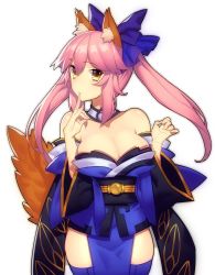 Rule 34 | 1girl, animal ear fluff, animal ears, bare shoulders, blue bow, blue kimono, blush, bow, breasts, cleavage, closed mouth, fate/extra, fate (series), fox ears, fox girl, fox tail, hair between eyes, hair bow, japanese clothes, kanjy00u, kimono, large breasts, long hair, looking at viewer, obi, pelvic curtain, pink hair, sash, sidelocks, simple background, smile, solo, tail, tamamo (fate), tamamo no mae (fate/extra), twintails, white background, wide sleeves, yellow eyes