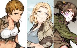 Rule 34 | 10s, 3girls, abs, alisa (girls und panzer), blonde hair, bomber jacket, breasts, brown eyes, brown hair, cigarette, cleavage, crossed arms, freckles, girls und panzer, gloves, green eyes, highres, hiranko, jacket, kay (girls und panzer), large breasts, looking at viewer, midriff, mouth hold, multiple girls, naomi (girls und panzer), short hair, short twintails, smoke, smoking, tank top, tied jacket, twintails