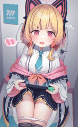 Rule 34 | 1girl, @ @, animal ear headphones, animal ears, aqua necktie, blonde hair, blue archive, blue skirt, blush, bow, cat ear headphones, chestnut mouth, collared shirt, fake animal ears, flying sweatdrops, from above, hair bow, halo, handheld game console, headphones, highres, holding, holding handheld game console, indoors, jacket, legs together, medium hair, momoi (blue archive), multicolored clothes, multicolored jacket, necktie, nintendo switch, off shoulder, on toilet, open mouth, paid reward available, panties, panty pull, pink eyes, pink jacket, pleated skirt, polka dot, polka dot panties, red bow, saebashi, shirt, skirt, smile, solo, spoken blush, suspender skirt, suspenders, sweatdrop, thigh gap, thighhighs, toilet, two-tone jacket, underwear, white jacket, white shirt