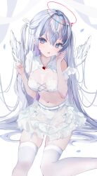 Rule 34 | 1girl, absurdres, angel, angel wings, apron, bare shoulders, bikini, blurry, blurry background, blush, breasts, detached collar, feathered wings, grey hair, hair ornament, halo, highres, long hair, looking at viewer, moemoepiano, navel, open mouth, original, red halo, revealing clothes, see-through, see-through sleeves, simple background, small breasts, solo, swimsuit, very long hair, white apron, white background, white bikini, wings
