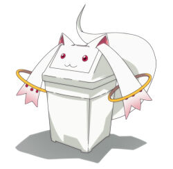Rule 34 | :3, commentary request, kyubey, leizero, mahou shoujo madoka magica, mahou shoujo madoka magica (anime), no humans, objectification, red eyes, simple background, tail, trash can, white background
