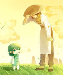 Rule 34 | 10s, 2boys, age difference, brown hair, child, chinese clothes, dragon ryuuhou, grass, green hair, hat, libra douko, male focus, multiple boys, rice hat, saint seiya, saint seiya omega, short hair, size difference, sun trial, sunset, time paradox