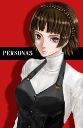 Rule 34 | 10s, 1girl, braid, brown hair, copyright name, crown braid, french braid, highres, looking at viewer, niijima makoto, persona, persona 5, red eyes, shadow, short hair, solo, upper body