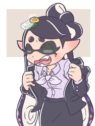 Rule 34 | 1girl, black hair, black skirt, bow-shaped hair, callie (splatoon), closed eyes, commentary request, grey background, grey shirt, highres, inkling, long hair, mole, mole under eye, nintendo, official alternate costume, open mouth, pencil skirt, pointy ears, rakugaken, shirt, short eyebrows, simple background, skirt, smile, solo, splatoon (series), splatoon 3, teeth, tentacle hair, thick eyebrows, two-tone background, white background