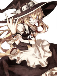 Rule 34 | 1girl, adapted costume, apron, blonde hair, bracelet, grin, hat, jewelry, kirisame marisa, kozou (soumuden), long hair, looking at viewer, puffy sleeves, ring, shirt, short hair, simple background, skirt, skirt set, smile, solo, touhou, very long hair, vest, waist apron, white background, witch hat, yellow eyes