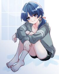 Rule 34 | 1girl, black shorts, blue eyes, blue hair, blush, borrowed clothes, closed mouth, collarbone, commentary request, dark blue hair, grey jacket, hair ribbon, half-closed eyes, hickey, highres, hugging own legs, jacket, kanduki kamibukuro, knees up, blue background, link! like! love live!, long hair, looking at viewer, love live!, low side ponytail, mole, mole on neck, murano sayaka, pink ribbon, ribbon, short shorts, shorts, sitting, smile, solo, virtual youtuber, white background, window