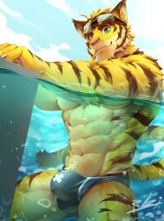 Rule 34 | 1boy, abs, air bubble, alternate costume, animal ears, bara, black male swimwear, bubble, bulge, cloud, cloudy sky, feet out of frame, forked eyebrows, furry, furry male, goggles, goggles on head, highres, large bulge, looking at viewer, male focus, male swimwear, morenatsu, muscular, muscular male, navel, outdoors, partially underwater shot, print male swimwear, rabbity art, short hair, sideburns, sky, smile, solo, stomach, swim briefs, tail, thick eyebrows, thick thighs, thighs, tiger boy, tiger ears, tiger tail, topless male, torahiko oshima, underpec, yellow fur