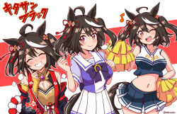 Rule 34 | 1girl, absurdres, ahoge, animal ears, bare shoulders, black hair, blush, breasts, cleavage cutout, clothing cutout, commentary request, cowboy shot, detached sleeves, ear ornament, eighth note, grin, hair between eyes, hair ornament, hand on own hip, highres, holding, holding pom poms, horse ears, horse girl, horse tail, index finger raised, kitasan black (umamusume), kouhaku nawa, large breasts, long sleeves, looking at viewer, midriff, multicolored hair, multiple views, musical note, navel, one eye closed, open mouth, pleated skirt, pointing, pom pom (cheerleading), pom poms, purple shirt, red background, red eyes, rope, school uniform, shimenawa, shiroi tansu, shirt, short hair, skirt, smile, streaked hair, sweat, tail, teeth, tracen school uniform, two-tone background, two side up, umamusume, upper teeth only, white background, white hair
