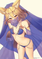 Rule 34 | 1girl, animal ears, aoko (myut7287), arabian clothes, armlet, bare legs, belly dancing, bikini, body chain, breasts, chromatic aberration, circlet, dancer, fox ears, fox girl, fox tail, gold, hair between eyes, halterneck, harem outfit, highres, jewelry, kudamaki tsukasa, light brown hair, medium breasts, mouth veil, navel, o-ring, o-ring top, open mouth, purple bikini, purple veil, see-through, simple background, small breasts, swimsuit, tail, touhou, veil, white background, yellow eyes
