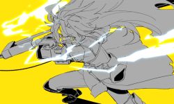 Rule 34 | 1girl, alchemy stars, attack, coat, coat around waist, electricity, eyes visible through hair, greyscale, greyscale with colored background, hannim 7h, highres, holding, holding sword, holding weapon, long hair, lower teeth only, male focus, mechanical arms, monochrome, open mouth, revy (alchemy stars), scar, scar on face, simple background, single mechanical arm, sleeves rolled up, solo, spot color, sword, teeth, torn clothes, torn coat, weapon, yellow background, yellow eyes