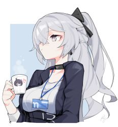 Rule 34 | 1girl, absurdres, black jacket, blue background, breasts, bronya zaychik, bronya zaychik (silverwing: n-ex), closed mouth, cropped torso, cup, earrings, error1980, grey eyes, grey hair, hair between eyes, hand up, highres, holding, holding cup, honkai (series), honkai impact 3rd, jacket, jewelry, large breasts, long hair, long sleeves, official alternate costume, open clothes, open jacket, pink pupils, seele vollerei, solo, two-tone background, upper body, white background