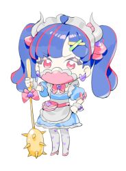 Rule 34 | 1girl, ahoge, alternate costume, alternate hairstyle, apron, blue dress, blue hair, bow, chibi, club, club (weapon), covered mouth, curled horns, detached collar, dinosaur girl, dress, earrings, enmaided, gloves, hair bow, hair ornament, heart, heart earrings, heart print, holding club, horns, jewelry, long hair, looking at viewer, maid, maid apron, maid headdress, mask, mouth mask, multicolored hair, one piece, pantyhose, pink bow, pink eyes, pink hair, pink mask, raine (acke2445), solo, spiked club, streaked hair, transparent background, twintails, ulti (one piece), waist apron, weapon, white apron, white gloves, white pantyhose, x hair ornament