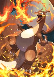 Rule 34 | blurry, breath weapon, breathing fire, charizard, claws, commentary request, creatures (company), fire, flame-tipped tail, game freak, gen 1 pokemon, green eyes, highres, nintendo, no humans, open mouth, pokemon, pokemon (creature), solo, tesshii (riza4828), tongue