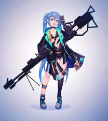 Rule 34 | 1girl, asymmetrical legwear, bad id, bad pixiv id, black bra, black shorts, black thighhighs, blue eyes, blue hair, bra, carrying over shoulder, clothes writing, commentary, full body, gun, hair ornament, hand in pocket, hand up, hatsune miku, highres, jacket, leg strap, long hair, looking at viewer, mechanical arms, midriff, neriw, shoes, short shorts, shorts, single mechanical arm, single thighhigh, sneakers, solo, standing, thighhighs, tongue, tongue out, twintails, underwear, uneven legwear, very long hair, vocaloid, weapon