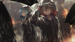 Rule 34 | 2boys, 2girls, anzi, arm up, black gloves, black jacket, black pants, blue hair, brown eyes, brown hair, closed mouth, collarbone, collared shirt, commentary request, gloves, hair between eyes, highres, holding, holding umbrella, hololive, hood, hood up, hooded jacket, hoshimachi suisei, jacket, long sleeves, looking at viewer, looking away, multicolored hair, multiple boys, multiple girls, outdoors, pants, purple eyes, rain, red gloves, red hair, roboco-san, shirt, smile, streaked hair, umbrella, upper body, virtual youtuber, white shirt