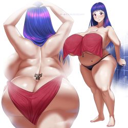 Rule 34 | 1girl, ass, bad id, bad pixiv id, belly, bikini, bikini bottom only, breasts, cleavage, cross, fat, highres, huge ass, huge breasts, long hair, looking at viewer, matching hair/eyes, midriff, mole, mole on stomach, naked towel, navel, original, pink eyes, plump, purple eyes, purple hair, sagging breasts, shiny skin, skull, solo, swimsuit, tattoo, thick thighs, thighs, toroboro, towel, very long hair, wide hips