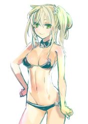 Rule 34 | bikini, black bikini, blonde hair, body blush, breasts, cleavage, green eyes, hair between eyes, hair ornament, hand on own hip, long hair, navel, orion (orionproject), side ponytail, simple background, sketch, smile, solo, swimsuit, white background