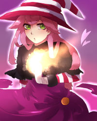 Rule 34 | 1boy, androgynous, crossdressing, dress, fire, gloves, green eyes, hat, heart, lgw7, long hair, looking at viewer, male focus, mario (series), nintendo, outline, paper mario, paper mario: the thousand year door, parted lips, personification, pink hair, solo, striped, striped clothes, striped headwear, super mario rpg, super paper mario, trap, vivian (paper mario), witch hat