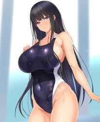 Rule 34 | 1girl, black hair, black one-piece swimsuit, blue eyes, breasts, commentary request, competition swimsuit, covered navel, cowboy shot, highres, large breasts, long hair, looking at viewer, nanakorobi yaoki, one-piece swimsuit, original, solo, standing, swimsuit, two-tone swimsuit, wet, wet clothes, wet swimsuit