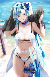 Rule 34 | 1girl, asymmetrical bangs, bare shoulders, beach, bikini, blue hair, blush, breasts, bridal garter, brynhildr (fate), brynhildr (swimsuit berserker) (fate), brynhildr (swimsuit berserker) (first ascension) (fate), cleavage, collarbone, cowboy shot, day, fate/grand order, fate (series), hair ornament, hair scrunchie, head tilt, highres, large breasts, long hair, looking at viewer, navel, neck garter, nicky w, ocean, one side up, outdoors, parted lips, planted, planted sword, planted weapon, purple eyes, scrunchie, see-through, smile, solo, stomach, swimsuit, sword, thighs, towel, very long hair, water, weapon, white bikini