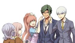 Rule 34 | 2boys, 3girls, :d, alternate costume, apron, blue dress, blue jacket, blue vest, breasts, brown hair, brown jacket, collarbone, collared shirt, commentary request, crescent, crescent pin, danganronpa (series), danganronpa 3 (anime), dress, formal, green eyes, green hair, hair ribbon, handheld game console, high ponytail, holding, holding handheld game console, hope&#039;s peak academy school uniform, jacket, kimura seiko, large breasts, long hair, looking at another, maid, maid apron, mask, mouth mask, multiple boys, multiple girls, munakata kyousuke, nanami chiaki, necktie, open mouth, orange hair, pink hair, ponytail, purple eyes, ribbon, sakakura juuzou, school uniform, shirt, short hair, simple background, smile, suit, surgical mask, sweatdrop, teeth, upper teeth only, vest, white apron, white background, white hair, white ribbon, youko-shima, yukizome chisa
