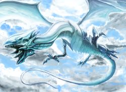 Rule 34 | blue-eyes white dragon, blue eyes, blue sky, claws, cloud, cloudy sky, dragon, duel monster, flying, long neck, no humans, ogura anko, open mouth, scales, sharp teeth, sky, solo, talons, teeth, tongue, tongue out, veins, yu-gi-oh!