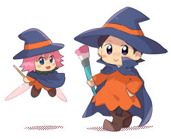 Rule 34 | 2girls, adeleine, alternate costume, black hair, blush stickers, boots, brown footwear, cape, chiimako, commentary request, dress, fairy, fairy wings, full body, hand on own hip, hat, holding, holding paintbrush, holding wand, kirby (series), kirby 64, multiple girls, nintendo, orange dress, paintbrush, pink hair, ribbon (kirby), simple background, smile, wand, white background, wings, witch hat