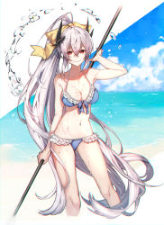 Rule 34 | 1girl, bikini, blue bikini, bow, breasts, chromatic aberration, cleavage, collarbone, cropped legs, fate/grand order, fate (series), frilled bikini, frills, groin, hair between eyes, hair bow, hanagata, high ponytail, holding, holding weapon, horns, kiyohime (fate), kiyohime (swimsuit lancer) (third ascension) (fate), long hair, looking at viewer, medium breasts, navel, polearm, red eyes, silver hair, smile, solo, swimsuit, very long hair, weapon, wet, yellow bow