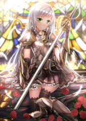 Rule 34 | 1girl, armor, armored dress, black thighhighs, breastplate, emilia justina, feathers, flower, gauntlets, greaves, green eyes, hataraku maou-sama!, highres, long hair, parted lips, pauldrons, red flower, red rose, rose, shoulder armor, silver hair, sitting, skirt, solo, stained glass, sword, swordsouls, thighhighs, weapon, yokozuwari, yusa emi