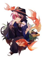 Rule 34 | &gt;:), 1boy, black cat, black hair, black hat, bright pupils, card, cat, chinese commentary, closed mouth, fish, goldfish, hat, heterochromia, highres, holding, holding card, long sleeves, miteru, multicolored hair, nanami izu, phonograph, pink hair, purple eyes, red eyes, saibou shinkyoku, shoes, sitting, smile, sneakers, solo, split-color hair, transparent background, two-tone hair, v-shaped eyebrows, white pupils