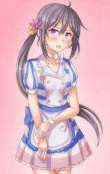 Rule 34 | 1girl, akebono (kancolle), anti (untea9), apron, bell, blush, choker, collarbone, cosplay, cowboy shot, flower, gradient background, hair bell, hair flower, hair ornament, highres, hishi akebono (umamusume), hishi akebono (umamusume) (cosplay), jingle bell, kantai collection, long hair, looking at viewer, name connection, open mouth, pink background, puffy short sleeves, puffy sleeves, purple eyes, purple hair, short sleeves, side ponytail, solo, umamusume, very long hair, waist apron, white choker