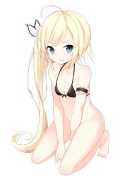 Rule 34 | 1girl, ahoge, arm garter, asymmetrical hair, bad id, bad pixiv id, barefoot, bikini, bikini top only, blonde hair, blue eyes, blush, bottomless, bow, breasts, cleavage, covering privates, fang, female focus, green eyes, hair bow, halterneck, kneeling, long hair, no panties, open mouth, original, side ponytail, simple background, sitting, small breasts, soburi, solo, swimsuit, very long hair