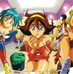 Rule 34 | 6+girls, allenby beardsley, applying makeup, artist request, bare shoulders, blue bodysuit, blue eyes, bodysuit, breasts, brown hair, bunny higgins, cath ronary, cleavage, cosmetics, dress, dressing room, elbow gloves, female pov, fisheye, g gundam, gloves, green eyes, green hair, gundam, head out of frame, janet smith, kimura takahiro, leaning forward, lipstick, lipstick tube, looking at mirror, looking at viewer, makeup, mirror, multicolored clothes, multiple girls, official art, pov, rain mikamura, red-framed eyewear, shirley lane, short hair, swimsuit, white gloves