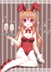Rule 34 | 1girl, absurdres, animal ears, bad id, bad pixiv id, bare shoulders, breasts, brown hair, cleavage, detached collar, fake animal ears, fang, glass, high heels, highres, ikeda yuuki, leotard, long hair, open mouth, original, pantyhose, playboy bunny, rabbit ears, red eyes, revision, shoes, solo, tray, white pantyhose, wrist cuffs