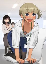 Rule 34 | 3girls, bent over, blonde hair, blue eyes, blush, bra, breasts, brown hair, chair, cleavage, collarbone, commentary, dark-skinned female, dark skin, douki-chan (douki-chan), downblouse, expressionless, fingernails, ganbare douki-chan, highres, jealous, kouhai-chan (douki-chan), mole, mole on breast, multiple girls, office lady, open mouth, pantyhose, parted bangs, pen, shaded face, shinjin-chan (douki-chan), shirt tucked in, skirt, small breasts, sparkle, sweatdrop, underwear, wavy mouth, yomu (sgt epper)