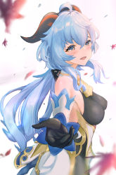 Rule 34 | absurdres, ahoge, bare shoulders, bell, black gloves, blue hair, blush, bow, bowtie, breasts, curled horns, detached sleeves, ganyu (genshin impact), genshin impact, gloves, gold trim, highres, horns, leaf, long hair, looking at viewer, low ponytail, medium breasts, neck bell, o aries346, purple eyes, sideboob, sidelocks, smile, solo, waist cape, white sleeves