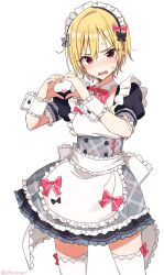 Rule 34 | 1girl, apron, artist name, blonde hair, blush, bow, collarbone, detached collar, dress, embarrassed, fang, frilled apron, frills, hair between eyes, heart, heart hands, highres, idolmaster, idolmaster shiny colors, looking at viewer, maid headdress, open mouth, plaid, plaid dress, puffy sleeves, purple eyes, ribbon, saijo juri, shisoneri, short hair, simple background, solo, standing, sweatdrop, thighhighs, waist bow, wavy mouth, wrist cuffs, zettai ryouiki