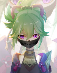Rule 34 | 1girl, absurdres, armor, collarbone, commentary request, genshin impact, green hair, hair between eyes, hair ornament, highres, japanese clothes, kuki shinobu, long hair, looking at viewer, mask, mouth mask, ponytail, purple eyes, qixia, rope, shimenawa, shoulder armor, sidelocks, simple background, solo, zoom layer