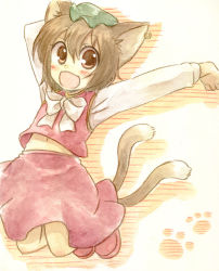 Rule 34 | 1girl, animal ears, brown eyes, brown hair, cat ears, cat girl, cat tail, chen, fang, female focus, hat, kamoi hayato, multiple tails, navel, open mouth, solo, tail, touhou, white background