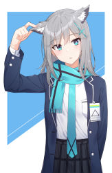 Rule 34 | 1girl, absurdres, animal ear fluff, animal ears, arm up, blazer, blue archive, blue background, blue eyes, blue jacket, blue necktie, blue scarf, blush, cat ears, commentary request, earrings, fringe trim, grey hair, grey skirt, hair between eyes, hair ornament, hand on own ear, highres, jacket, jewelry, necktie, open clothes, open jacket, parted lips, pleated skirt, s-goon, scarf, school uniform, shiroko (blue archive), shirt, skirt, solo, stud earrings, two-tone background, white background, white shirt