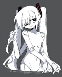 Rule 34 | 1girl, closed mouth, completely nude, doll joints, extra arms, grey background, hair ornament, hair over one eye, half-closed eye, hand up, hatsune miku, highres, holding, holding own hair, joints, kyomu 305, long hair, looking at viewer, monochrome, navel, no nipples, nude, partially submerged, simple background, solo, spot color, twintails, very long hair, vocaloid