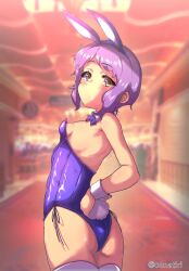 Rule 34 | 1girl, animal ears, ass, blurry, blurry background, blush, bow, bowtie, breasts, casino, commentary request, cowboy shot, detached collar, expressionless, eyelashes, fake animal ears, fake tail, highres, idolmaster, idolmaster million live!, indoors, konachiri, leotard, looking at viewer, makabe mizuki, nipples, playboy bunny, purple bow, purple bowtie, purple hair, purple leotard, rabbit ears, rabbit tail, short hair, sidelocks, small breasts, solo, tail, thighhighs, thighs, twitter username, wavy hair, white thighhighs, wrist cuffs, yellow eyes