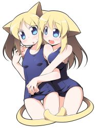 Rule 34 | 2girls, animal ears, bad id, bad pixiv id, blonde hair, blue eyes, blush, breast press, breasts, cat ears, cat girl, cat tail, female focus, holding hands, huge breasts, kagura yuuki, large breasts, long hair, multiple girls, one-piece swimsuit, original, school swimsuit, school swimsuit flap, siblings, simple background, sisters, standing, swimsuit, tail, twins, yuri