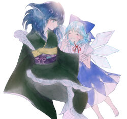 Rule 34 | 2girls, ^ ^, barefoot, blouse, blue dress, blue eyes, blue hair, blue ribbon, bow, cirno, closed eyes, dress, dress shirt, fins, frilled kimono, frills, gin fragrans, green kimono, hair bow, head fins, highres, ice, ice wings, japanese clothes, kimono, kneeless mermaid, medium hair, mermaid, monster girl, multiple girls, obi, puffy short sleeves, puffy sleeves, red bow, red ribbon, ribbon, sash, shirt, short hair, short sleeves, smile, touhou, wakasagihime, white background, white shirt, wide sleeves, wing collar, wings