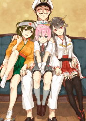Rule 34 | 10s, 1boy, 3girls, ^ ^, admiral (kancolle), bare shoulders, bike shorts, black hair, blue eyes, blush, blush stickers, boots, breasts, brown hair, closed eyes, collared shirt, couch, detached sleeves, closed eyes, facial hair, frilled skirt, frills, girl sandwich, gloves, green skirt, grey hair, grey skirt, hachimaki, hair ornament, hairband, hairclip, hakama, hakama short skirt, hakama skirt, holding hands, hand on another&#039;s chest, harem, haruna (kancolle), hat, headband, headgear, hiryuu (kancolle), japanese clothes, jewelry, kantai collection, kneehighs, lace, lace-trimmed legwear, lace trim, large breasts, loafers, military, military hat, military uniform, miniskirt, multiple girls, mustache, naval uniform, nontraditional miko, peaked cap, pink hair, pleated skirt, poco (backboa), red eyes, red skirt, ribbon, ring, sandwiched, school uniform, shiranui (kancolle), shirt, shoes, sideburns, sitting, skirt, smile, socks, thigh boots, thighhighs, uniform, v arms, vest, wedding band, white gloves, zettai ryouiki