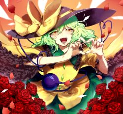 Rule 34 | 1girl, black hat, bow, commentary request, eyeball, flower, frilled sleeves, frills, fuuga (perv rsity), green hair, hair between eyes, hat, hat bow, hat ribbon, heart, heart hands, heart of string, highres, komeiji koishi, long hair, looking at viewer, one eye closed, open mouth, petals, red flower, red rose, ribbon, rose, short sleeves, solo, third eye, touhou, yellow bow, yellow eyes, yellow ribbon